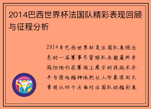 2014巴西世界杯法国队精彩表现回顾与征程分析